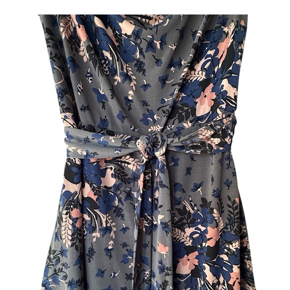 LOFT NWOT FLORAL SWING DRESS COWL NECKLINE SLEEVELESS TIE WAIST GRAY PINK SMALL - Picture 4 of 9